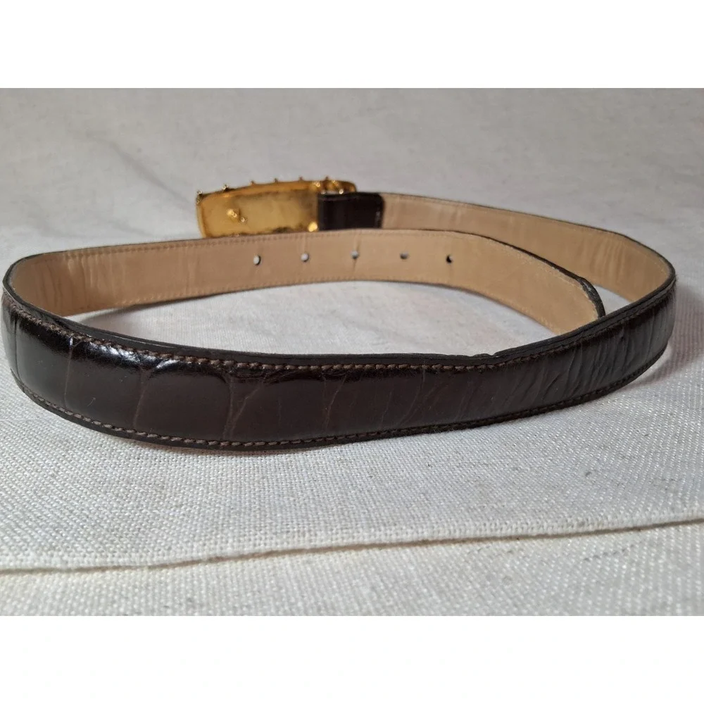Vintage Anne Klein Calderon #8095 Medium BROWN Leather Belt 80's  Gold Front